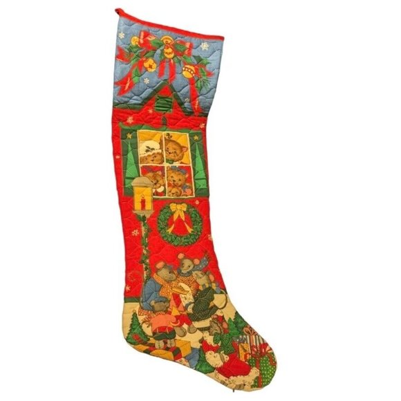 Jumbo Christmas Stocking Quilted Cats Vtg Mouse Kitten Handmade Mice 40" Long - Picture 1 of 8